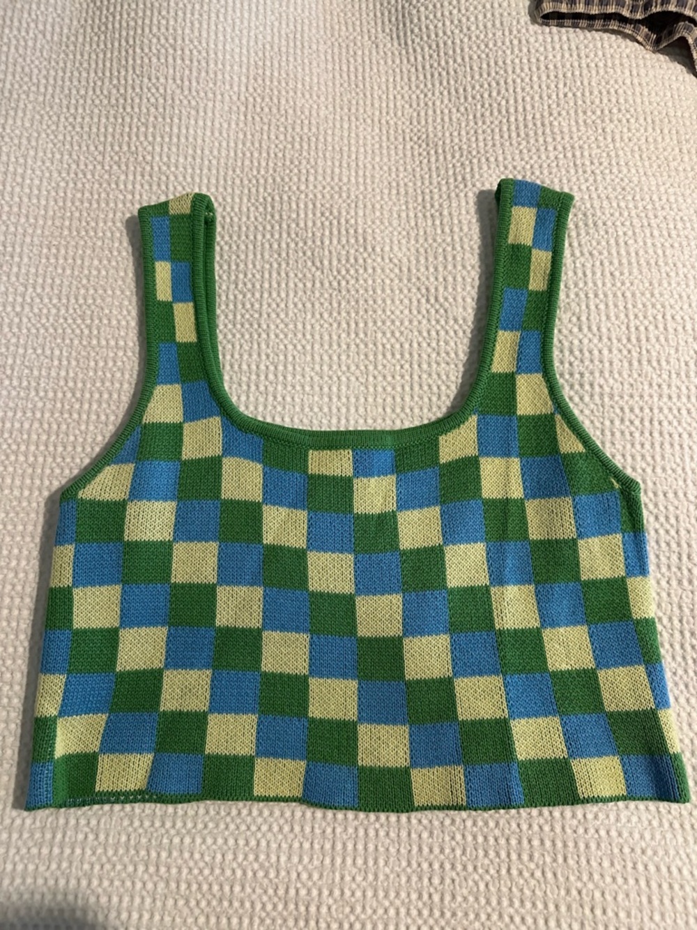 Le Lis Checkerboard Knit Tank Top in Green and Blue